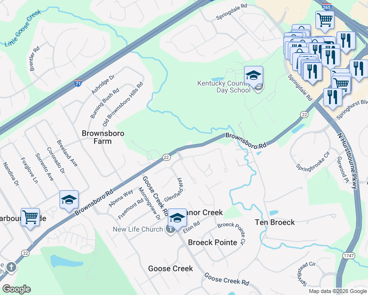 map of restaurants, bars, coffee shops, grocery stores, and more near Brownsboro Road in Louisville