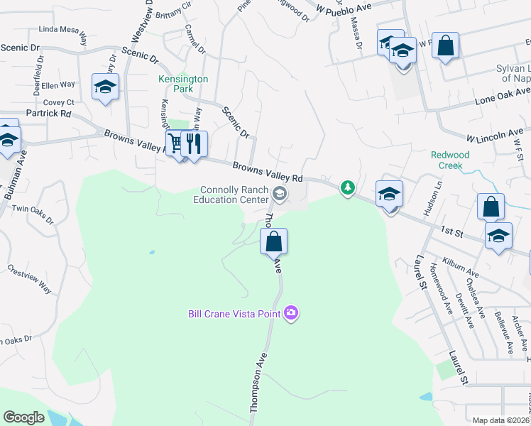 map of restaurants, bars, coffee shops, grocery stores, and more near 3150 Valley Wood Lane in Napa