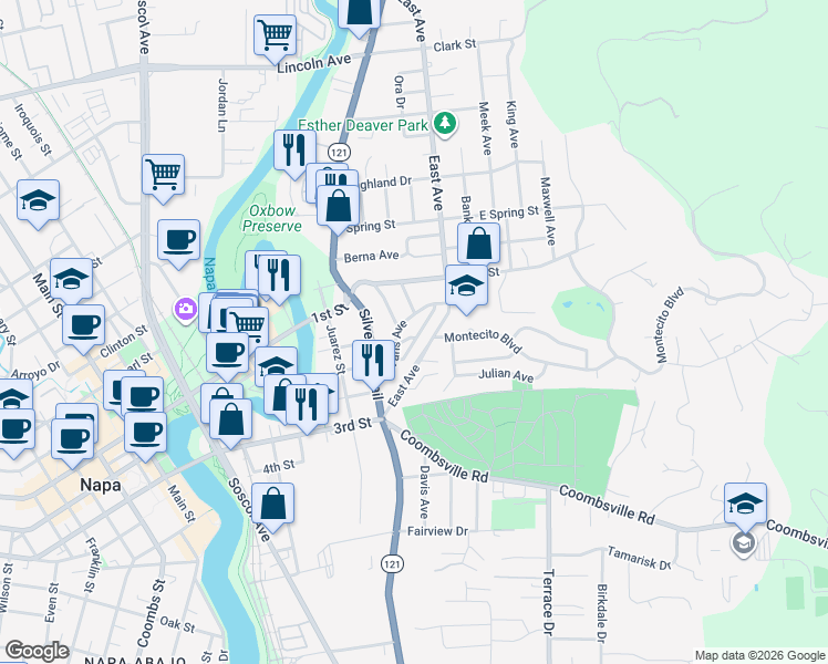 map of restaurants, bars, coffee shops, grocery stores, and more near 1100 Plaza Avenue in Napa