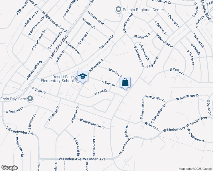 map of restaurants, bars, coffee shops, grocery stores, and more near 245 West Elgin Drive in Pueblo West