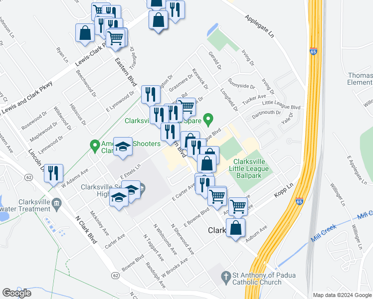 map of restaurants, bars, coffee shops, grocery stores, and more near 754-898 Eastern Boulevard in Clarksville
