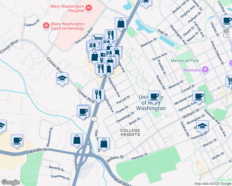 map of restaurants, bars, coffee shops, grocery stores, and more near 1301 Rowe Street in Fredericksburg