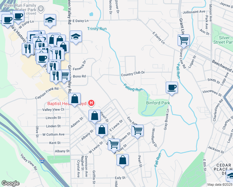map of restaurants, bars, coffee shops, grocery stores, and more near 1818 Bono Road in New Albany