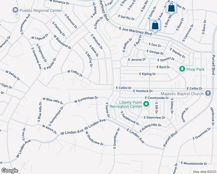 map of restaurants, bars, coffee shops, grocery stores, and more near 6 East Cellini Drive in Pueblo West