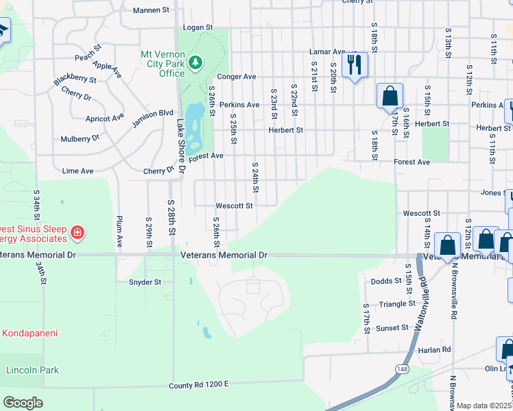 map of restaurants, bars, coffee shops, grocery stores, and more near 2400 Wescott Street in Mount Vernon