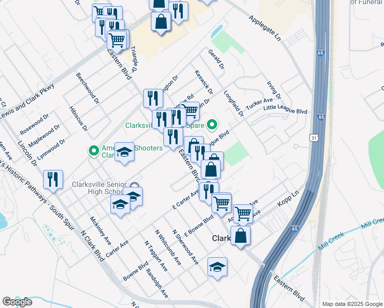 map of restaurants, bars, coffee shops, grocery stores, and more near 425 Little League Blvd in Clarksville