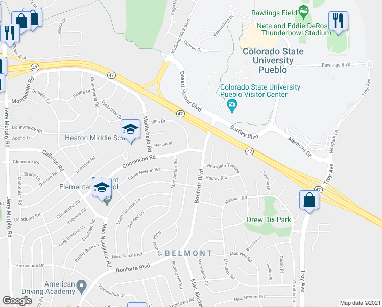 map of restaurants, bars, coffee shops, grocery stores, and more near 2126 Comanche Road in Pueblo