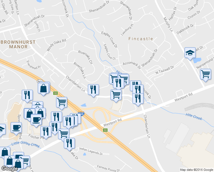 map of restaurants, bars, coffee shops, grocery stores, and more near 2-3998 Charter Oaks Drive in Louisville