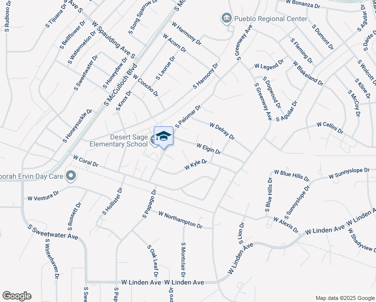 map of restaurants, bars, coffee shops, grocery stores, and more near 921 South Elgin Place in Pueblo West