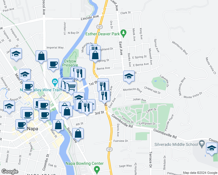 map of restaurants, bars, coffee shops, grocery stores, and more near 1115 Willow Avenue in Napa