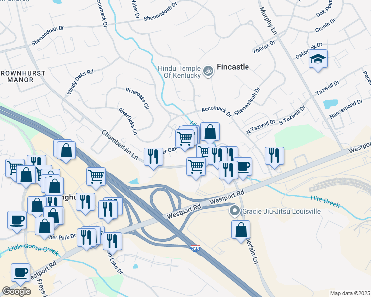 map of restaurants, bars, coffee shops, grocery stores, and more near 3730 Charter Oaks Drive in Louisville