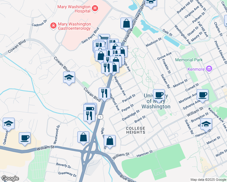 map of restaurants, bars, coffee shops, grocery stores, and more near 1320 Seacobeck Street in Fredericksburg