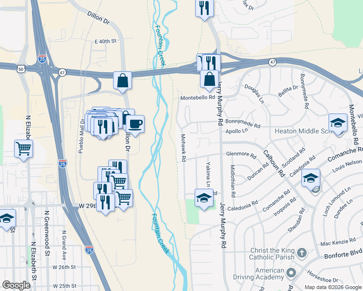 map of restaurants, bars, coffee shops, grocery stores, and more near 2004 Mohawk Road in Pueblo