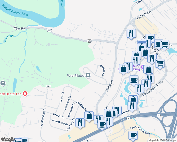 map of restaurants, bars, coffee shops, grocery stores, and more near 5615 Heritage Hills Circle in Fredericksburg