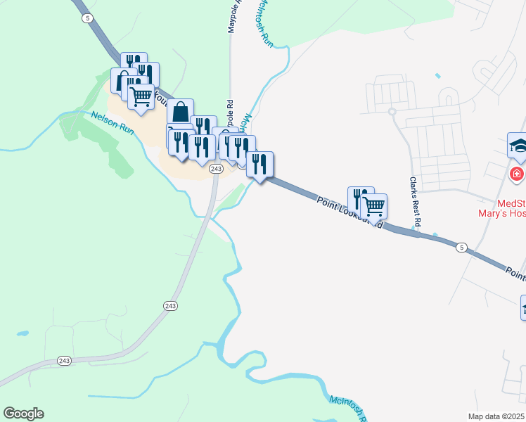 map of restaurants, bars, coffee shops, grocery stores, and more near 25995 Point Lookout Road in Leonardtown