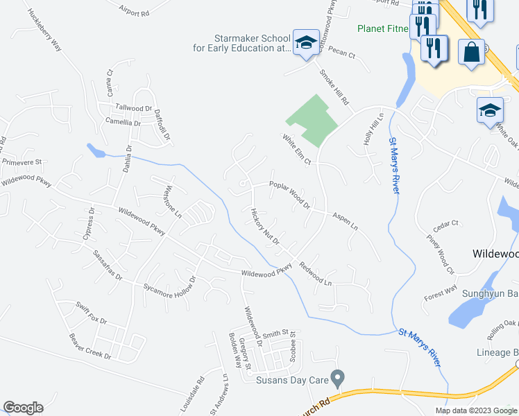 map of restaurants, bars, coffee shops, grocery stores, and more near 44260 Blueberry Lane in California