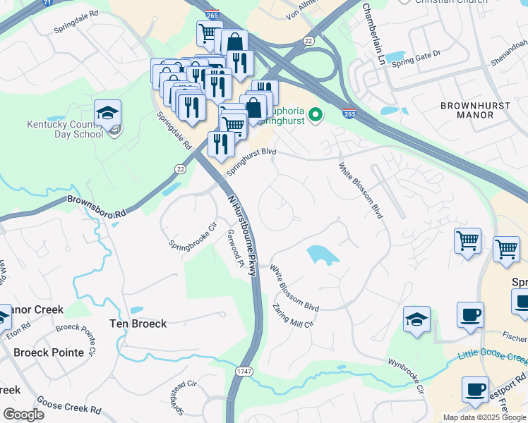 map of restaurants, bars, coffee shops, grocery stores, and more near 9608 Moorfield Circle in Louisville