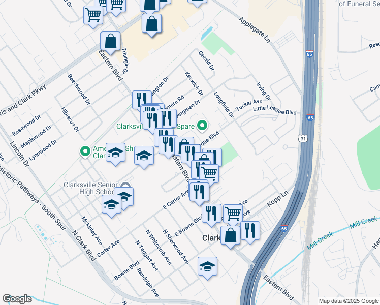 map of restaurants, bars, coffee shops, grocery stores, and more near 425 Little League Blvd in Clarksville