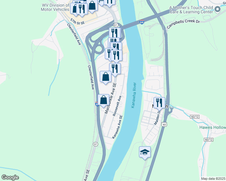 map of restaurants, bars, coffee shops, grocery stores, and more near 6531 MacCorkle Avenue Southeast in Charleston