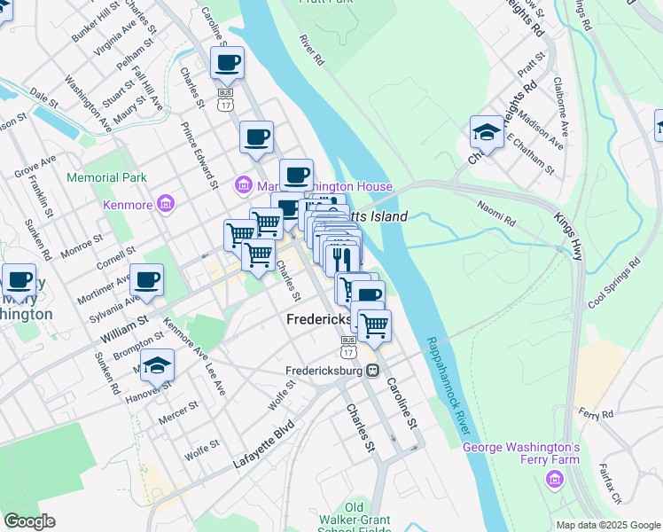 map of restaurants, bars, coffee shops, grocery stores, and more near 822 Caroline Street in Fredericksburg