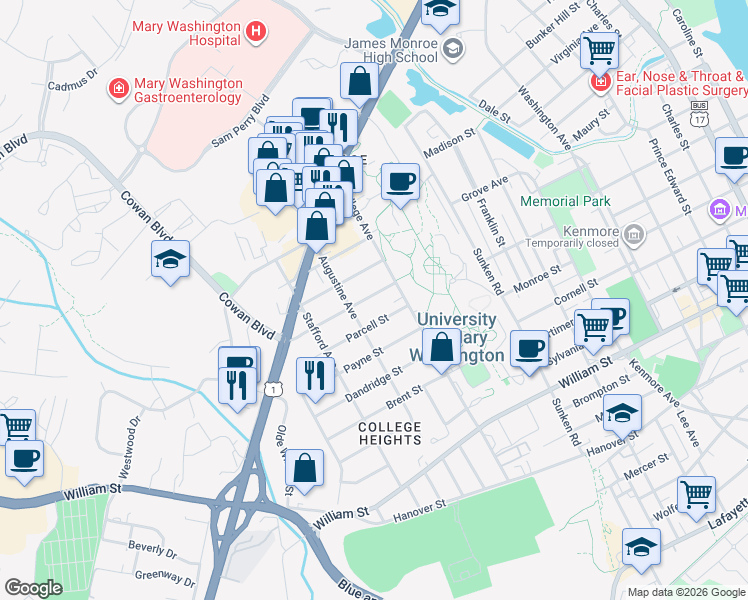 map of restaurants, bars, coffee shops, grocery stores, and more near 1220 Rowe Street in Fredericksburg