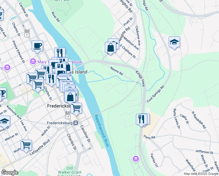 map of restaurants, bars, coffee shops, grocery stores, and more near 406 Shaw Court in Fredericksburg