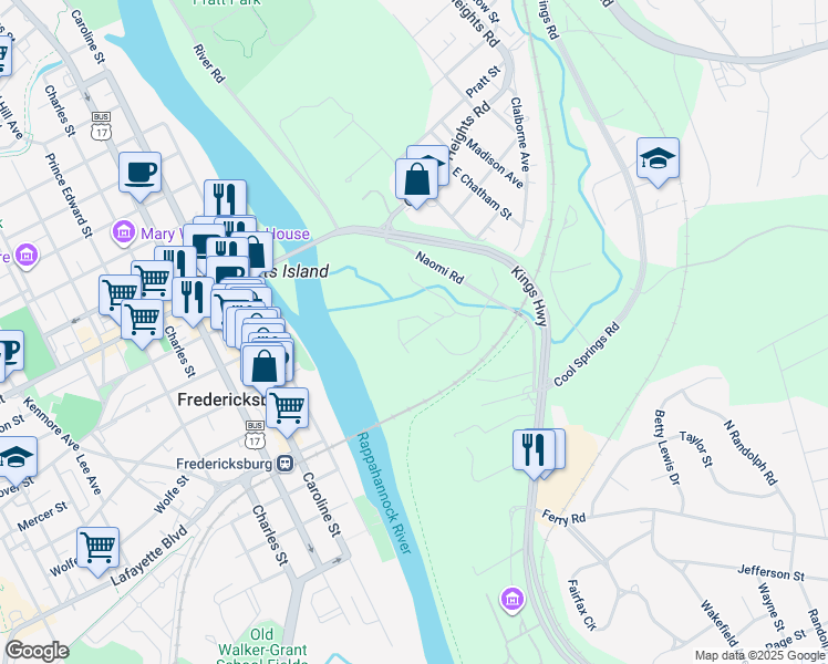 map of restaurants, bars, coffee shops, grocery stores, and more near 406 Shaw Court in Fredericksburg