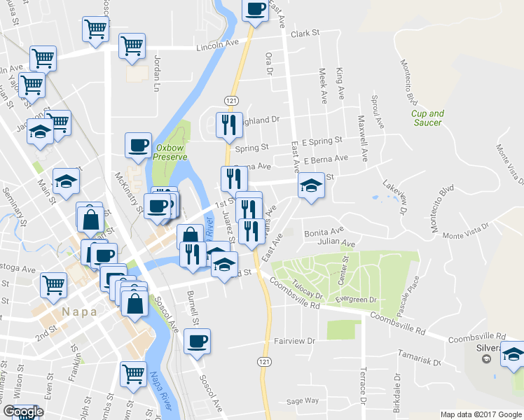 map of restaurants, bars, coffee shops, grocery stores, and more near 1115 Willow Avenue in Napa