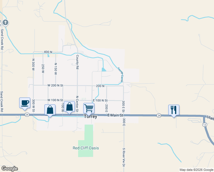 map of restaurants, bars, coffee shops, grocery stores, and more near 200 East 200 North Street in Torrey