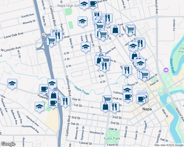 map of restaurants, bars, coffee shops, grocery stores, and more near 1521 C Street in Napa