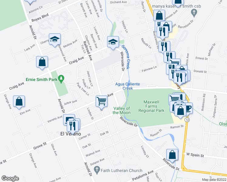 map of restaurants, bars, coffee shops, grocery stores, and more near 365 West Verano Avenue in Sonoma
