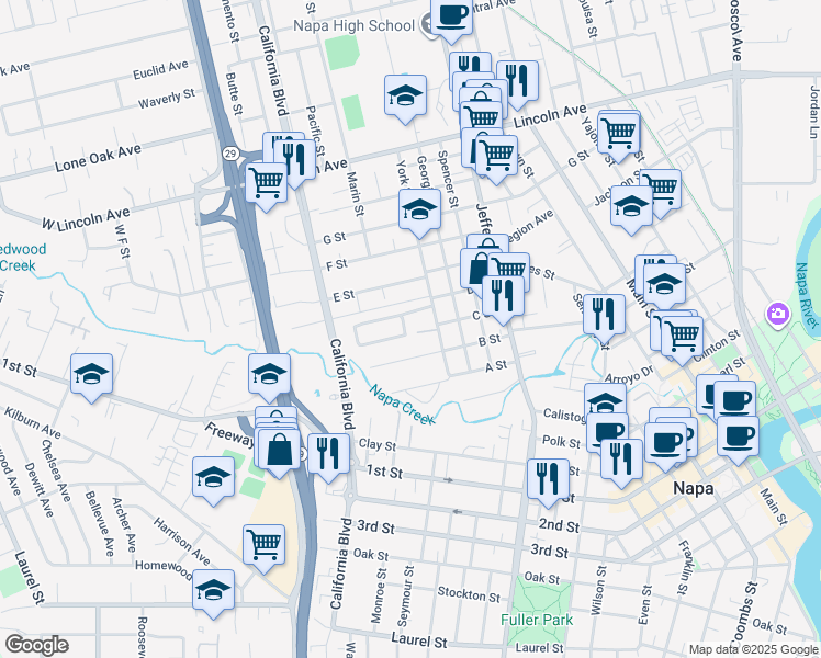 map of restaurants, bars, coffee shops, grocery stores, and more near 68 Glenwood Drive in Napa