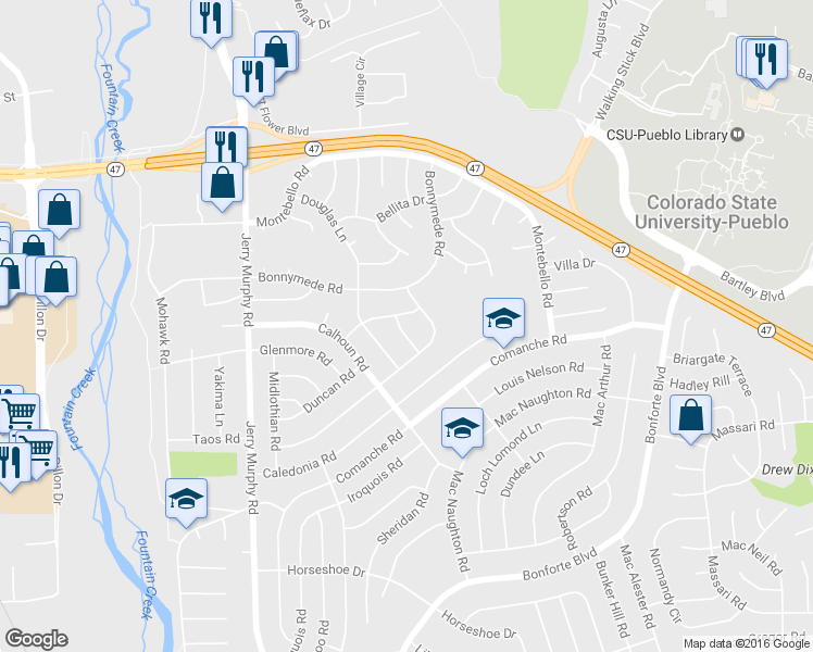 map of restaurants, bars, coffee shops, grocery stores, and more near 150 Martha Lane in Pueblo
