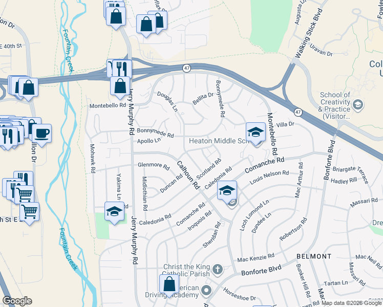 map of restaurants, bars, coffee shops, grocery stores, and more near 2 Alan Shepard Road in Pueblo