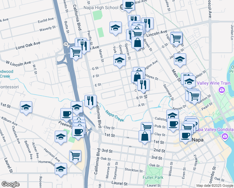 map of restaurants, bars, coffee shops, grocery stores, and more near 68 Glenwood Drive in Napa