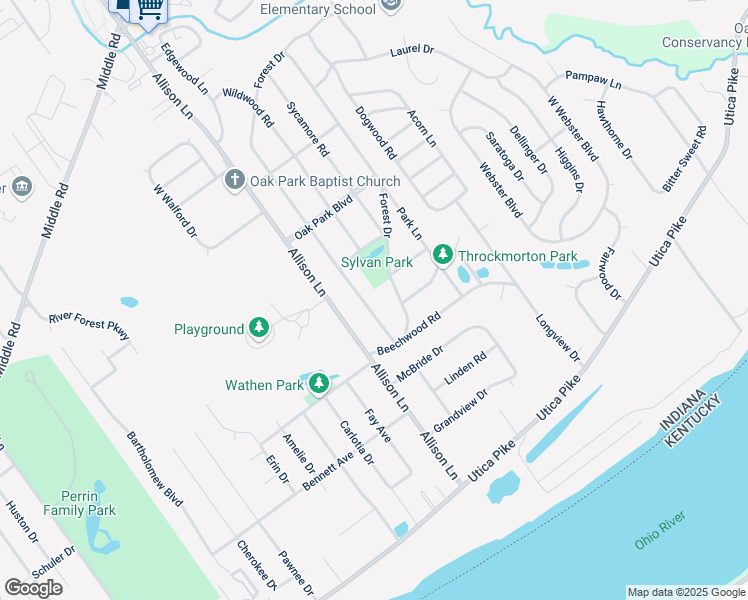 map of restaurants, bars, coffee shops, grocery stores, and more near 214 Forest Dr in Jeffersonville