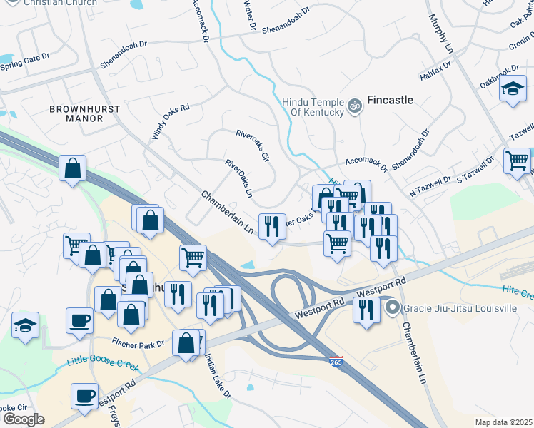 map of restaurants, bars, coffee shops, grocery stores, and more near 3820 RiverOaks Lane in Louisville