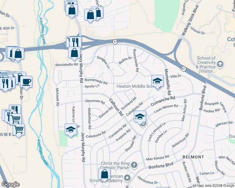 map of restaurants, bars, coffee shops, grocery stores, and more near 2 Alan Shepard Road in Pueblo
