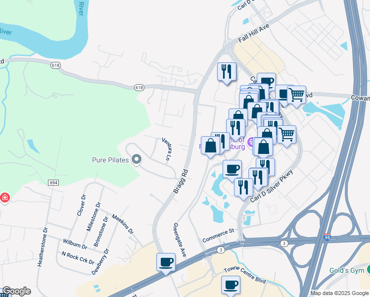 map of restaurants, bars, coffee shops, grocery stores, and more near 1608 Bragg Road in Fredericksburg