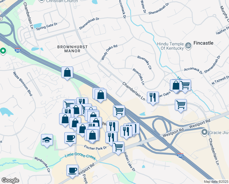 map of restaurants, bars, coffee shops, grocery stores, and more near 3744 Chamberlain Court in Louisville