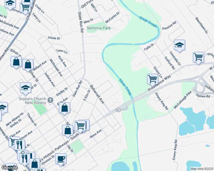 map of restaurants, bars, coffee shops, grocery stores, and more near 2522 East Elm Street in New Albany