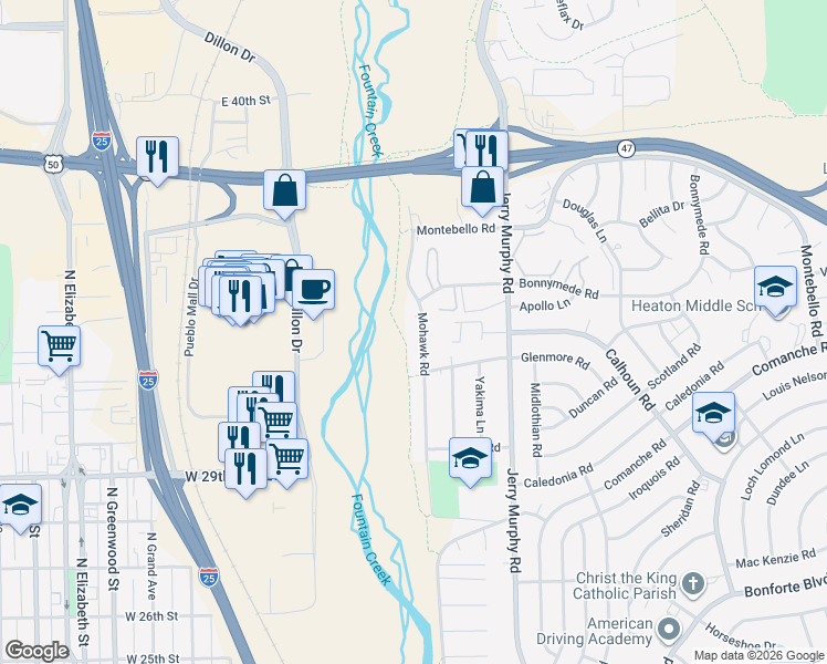 map of restaurants, bars, coffee shops, grocery stores, and more near 1919 Mohawk Road in Pueblo