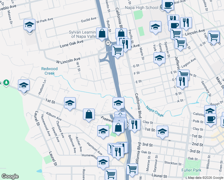 map of restaurants, bars, coffee shops, grocery stores, and more near 425 Coffield Avenue in Napa