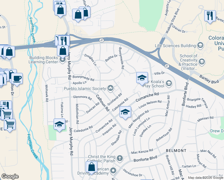 map of restaurants, bars, coffee shops, grocery stores, and more near 150 Martha Lane in Pueblo