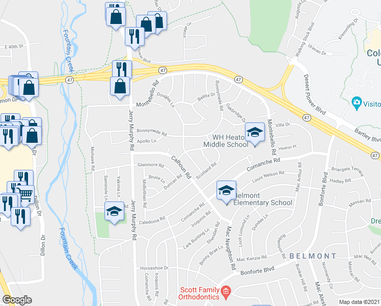 map of restaurants, bars, coffee shops, grocery stores, and more near 2 Alan Shepard Road in Pueblo