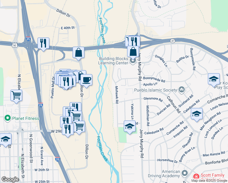map of restaurants, bars, coffee shops, grocery stores, and more near 1919 Mohawk Road in Pueblo