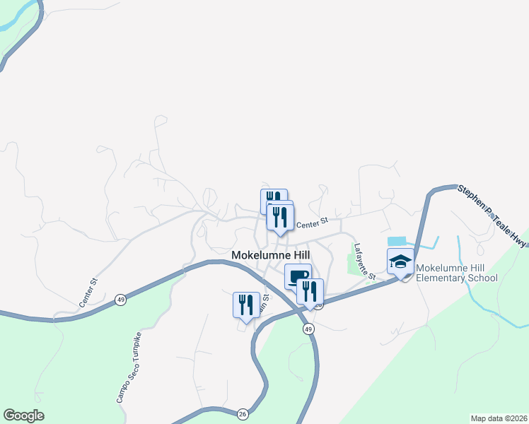 map of restaurants, bars, coffee shops, grocery stores, and more near 8481 Peek Circle in Mokelumne Hill