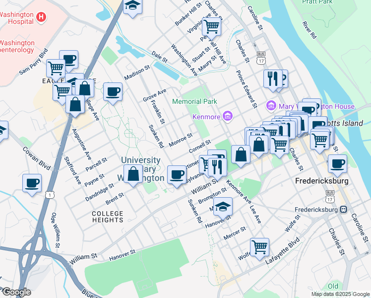 map of restaurants, bars, coffee shops, grocery stores, and more near 901 Cornell Street in Fredericksburg