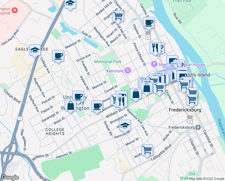 map of restaurants, bars, coffee shops, grocery stores, and more near 804 Cornell Street in Fredericksburg