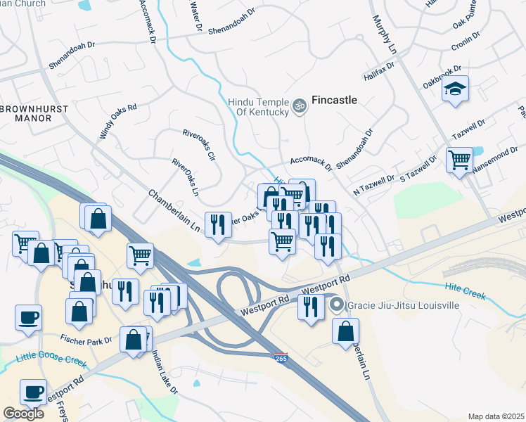 map of restaurants, bars, coffee shops, grocery stores, and more near 3730 Charter Oaks Drive in Louisville